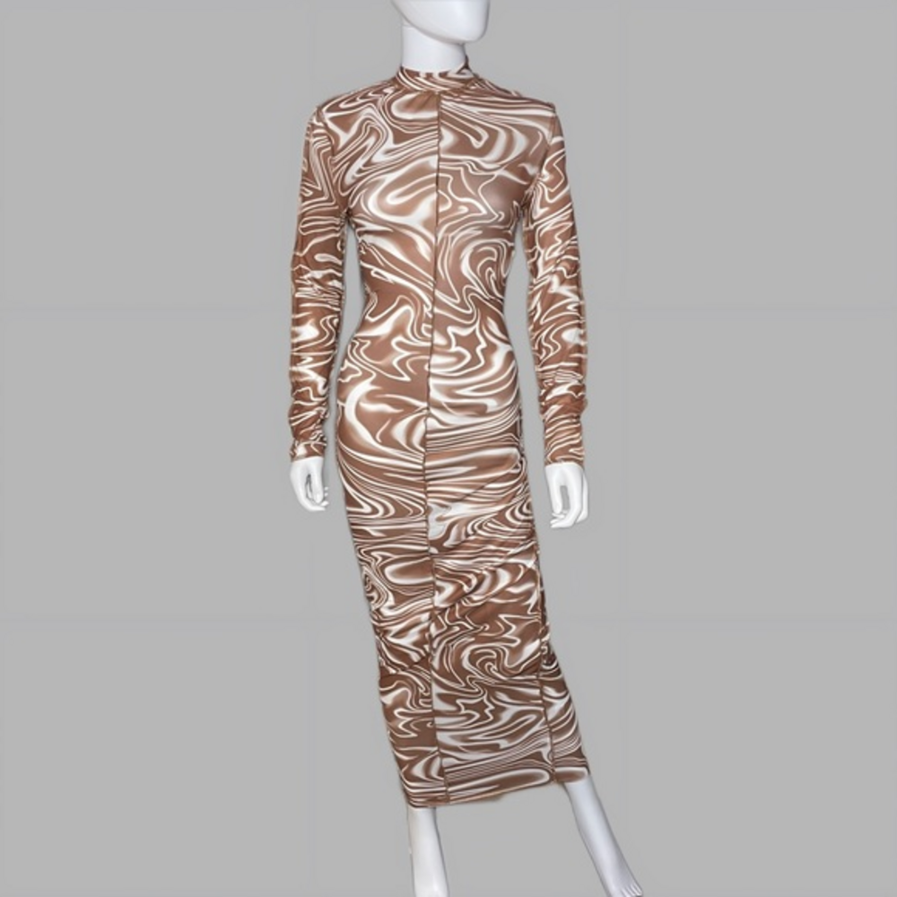 Marbled Print Long Sleeve Top-Stitching Bodycon Dress‎
